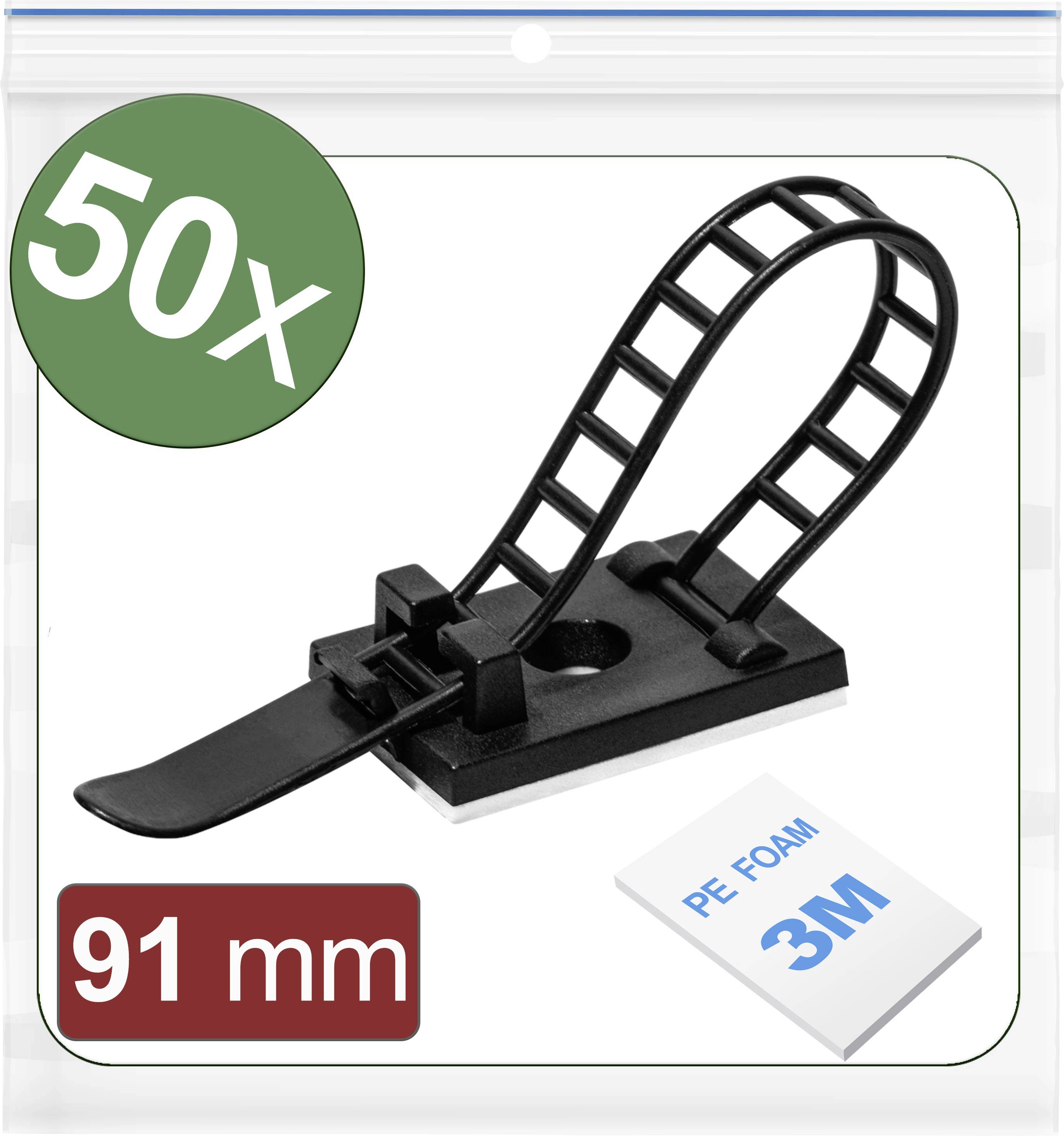 50 black cable ties with adjustable strap, 91 mm in length, suitable for neat cable routing with PE foam backing.