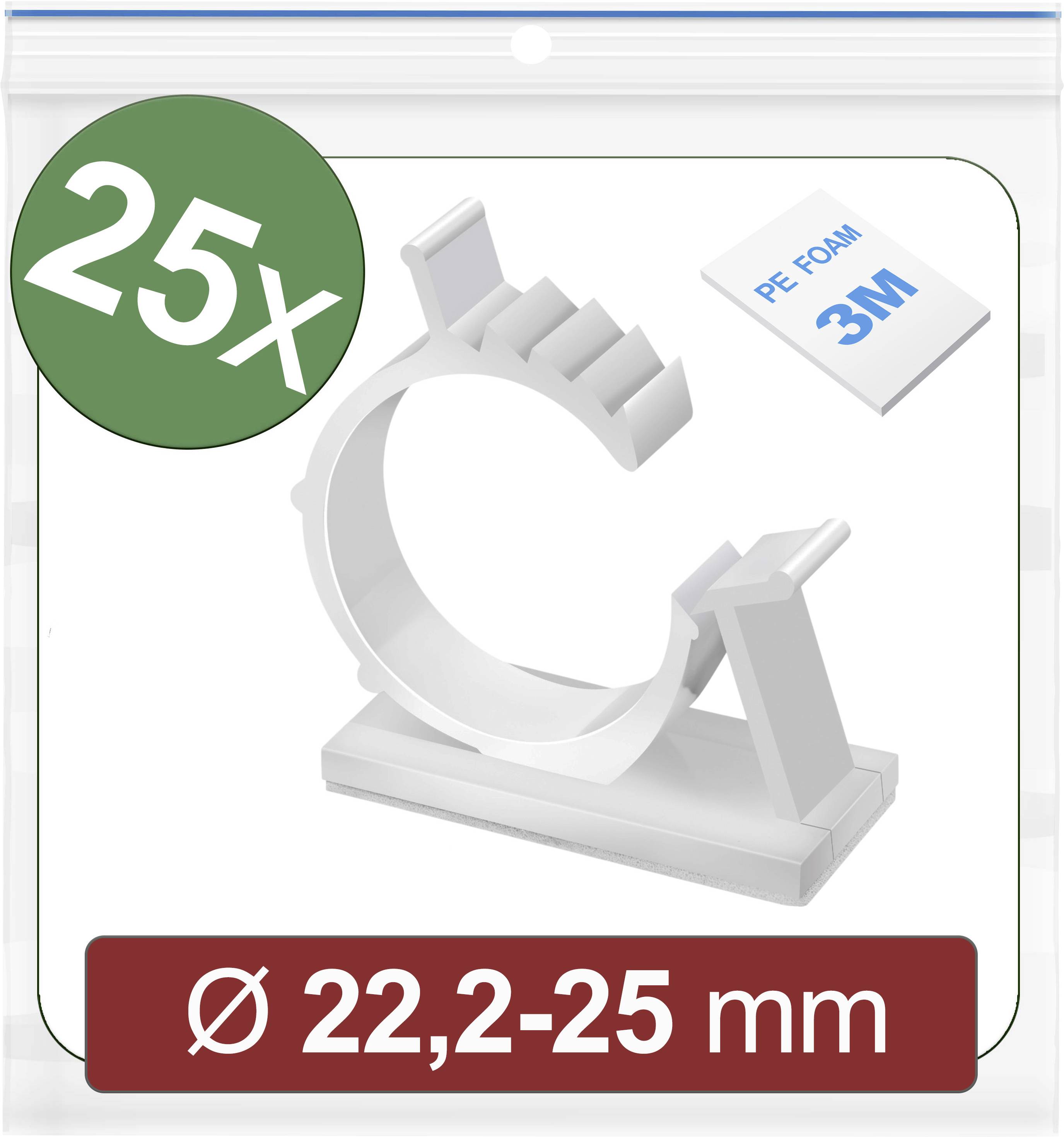 25 plastic cable clips, suitable for cable diameters of 22.2-25 mm, with 3M PE foam adhesive strip at the back.