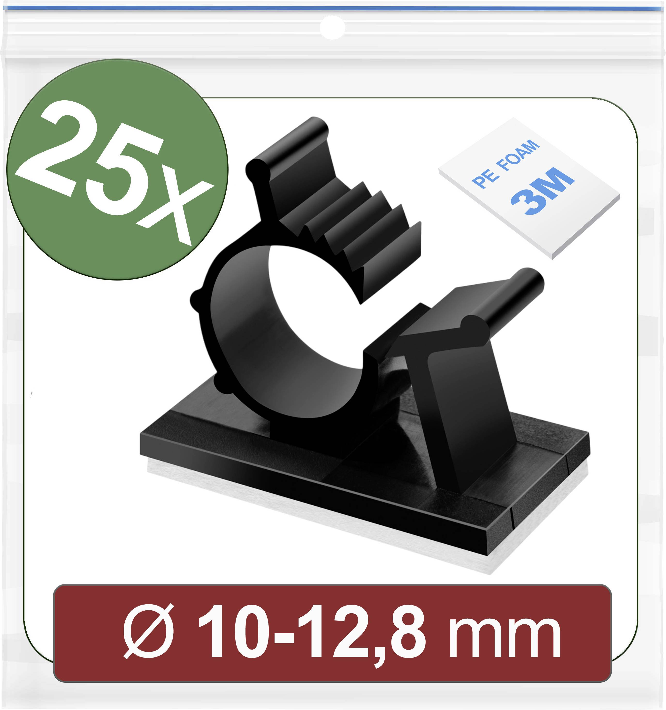 25 black cable clips, suitable for cable diameters between 10 and 12.8 mm. Self-adhesive with 3M PE foam. Packaged in a bag.