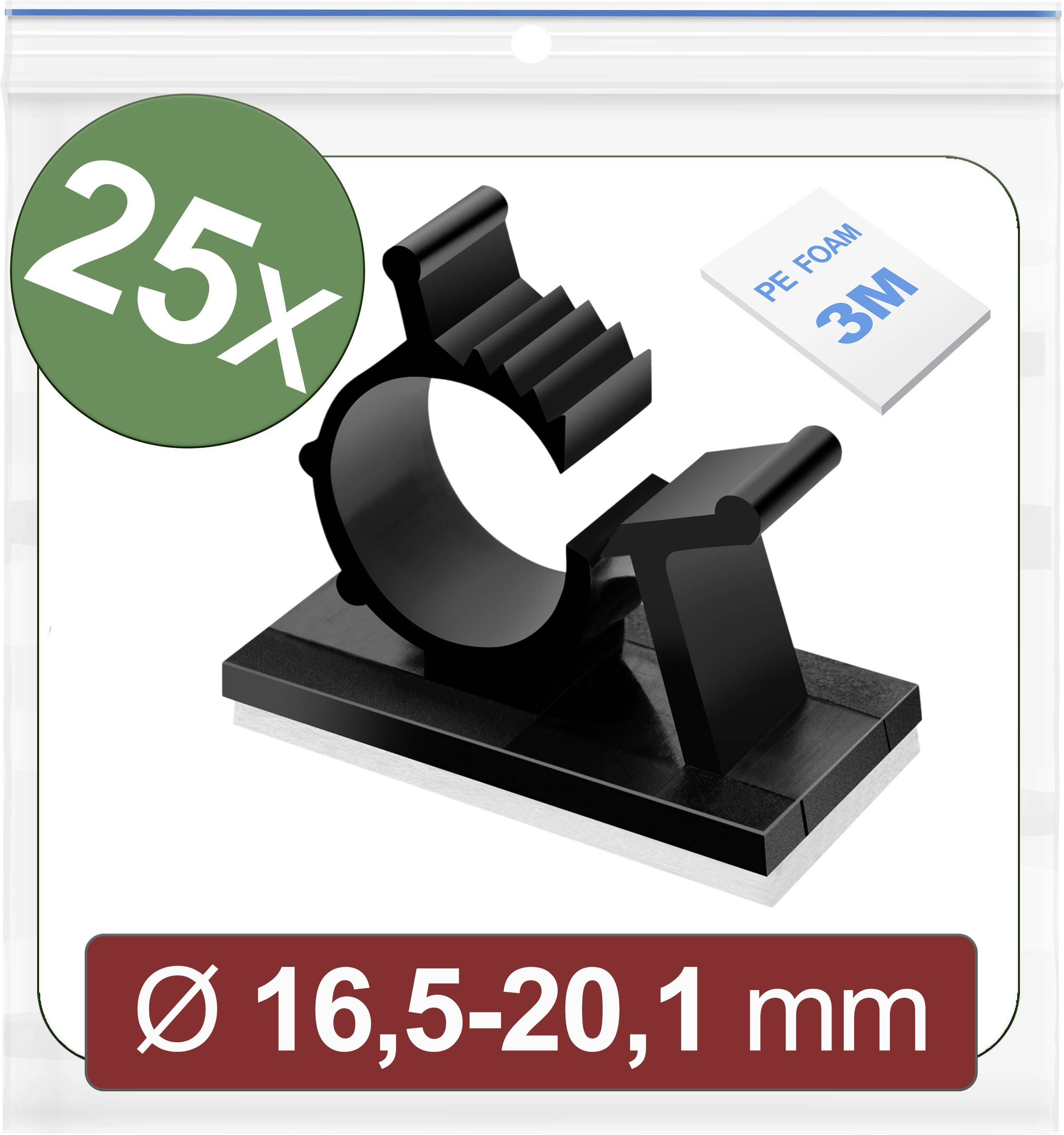 '25X' black cable tie with 'PE FOAM 3M' sticker, suitable for cable diameters 16.5-20.1 mm, in a plastic packaging.