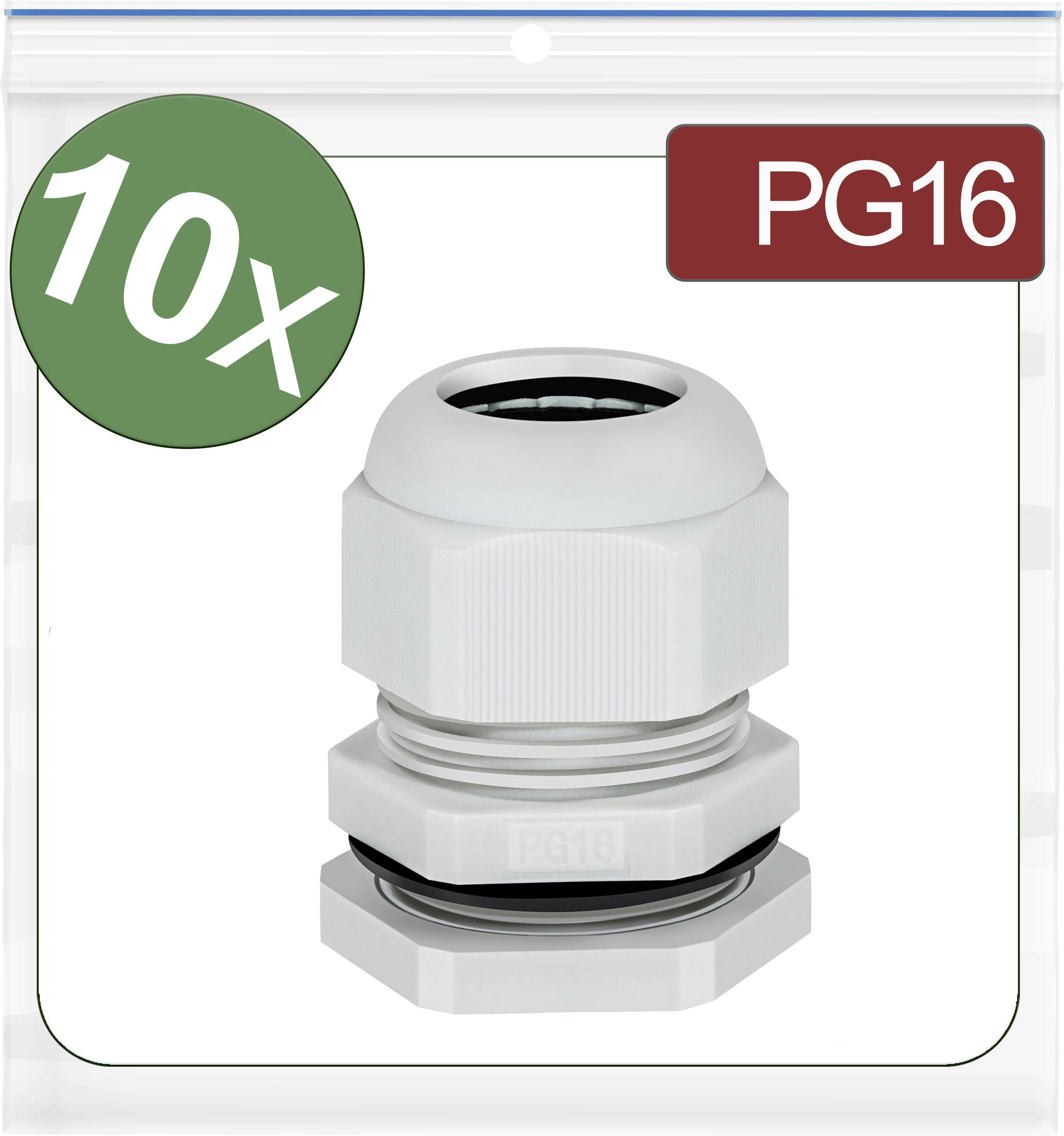 A bag containing 10 white cable glands, size PG16, is shown.