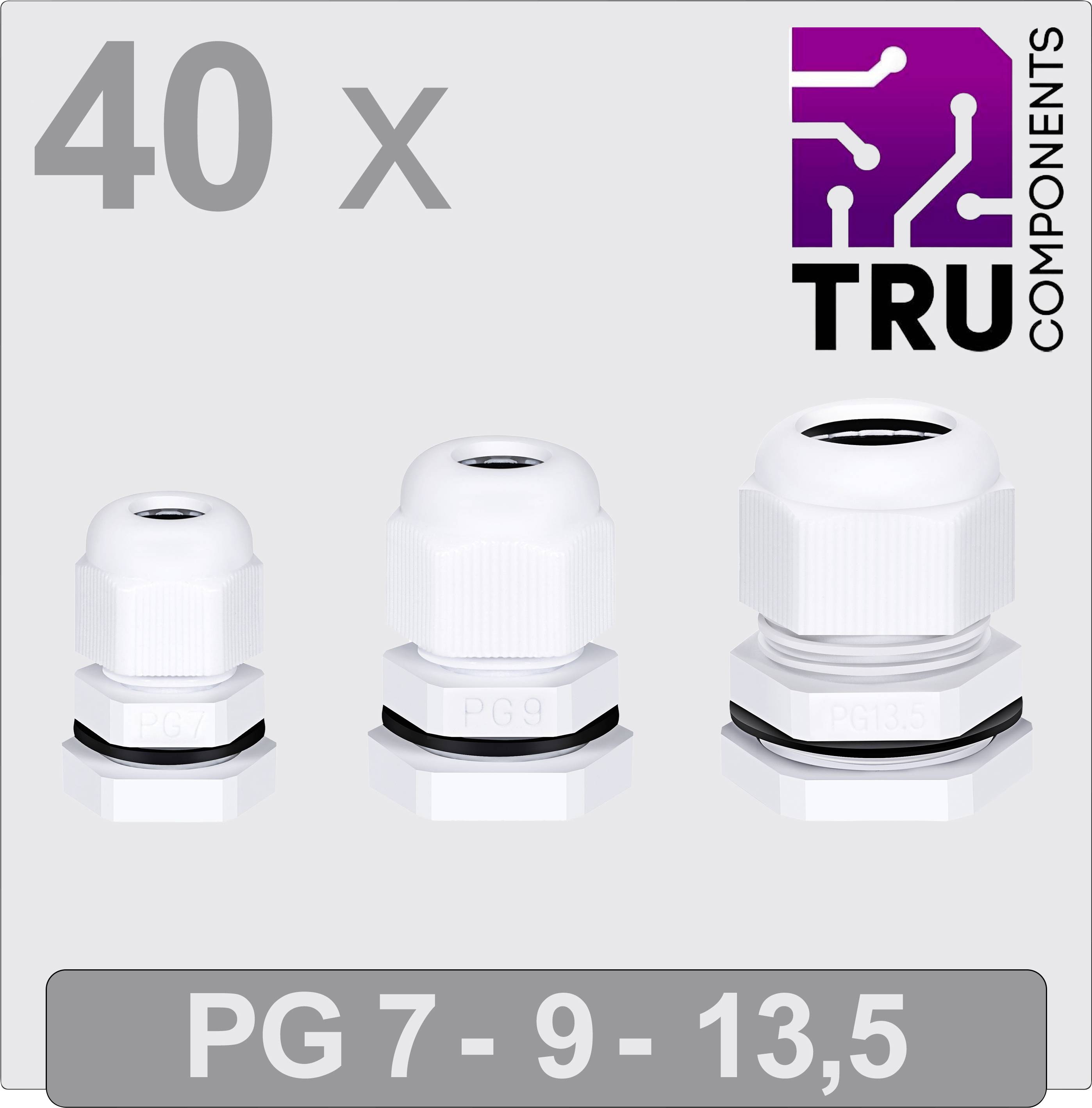 40 cable glands in three sizes (PG 7, PG 9, PG 13.5) by TRU Components. They are white and made of plastic.
