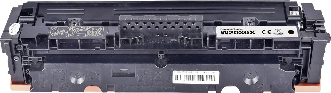 Black toner cartridge with 'W2030X' printed on it, manufacturer markings and security certificates on the front side.