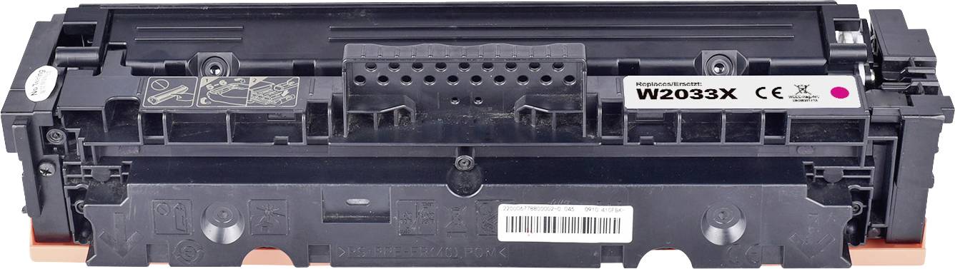 Black toner cartridge W2033X, suitable for HP printers. CE and recycling symbol are visible. Instruction pictograms on the side.