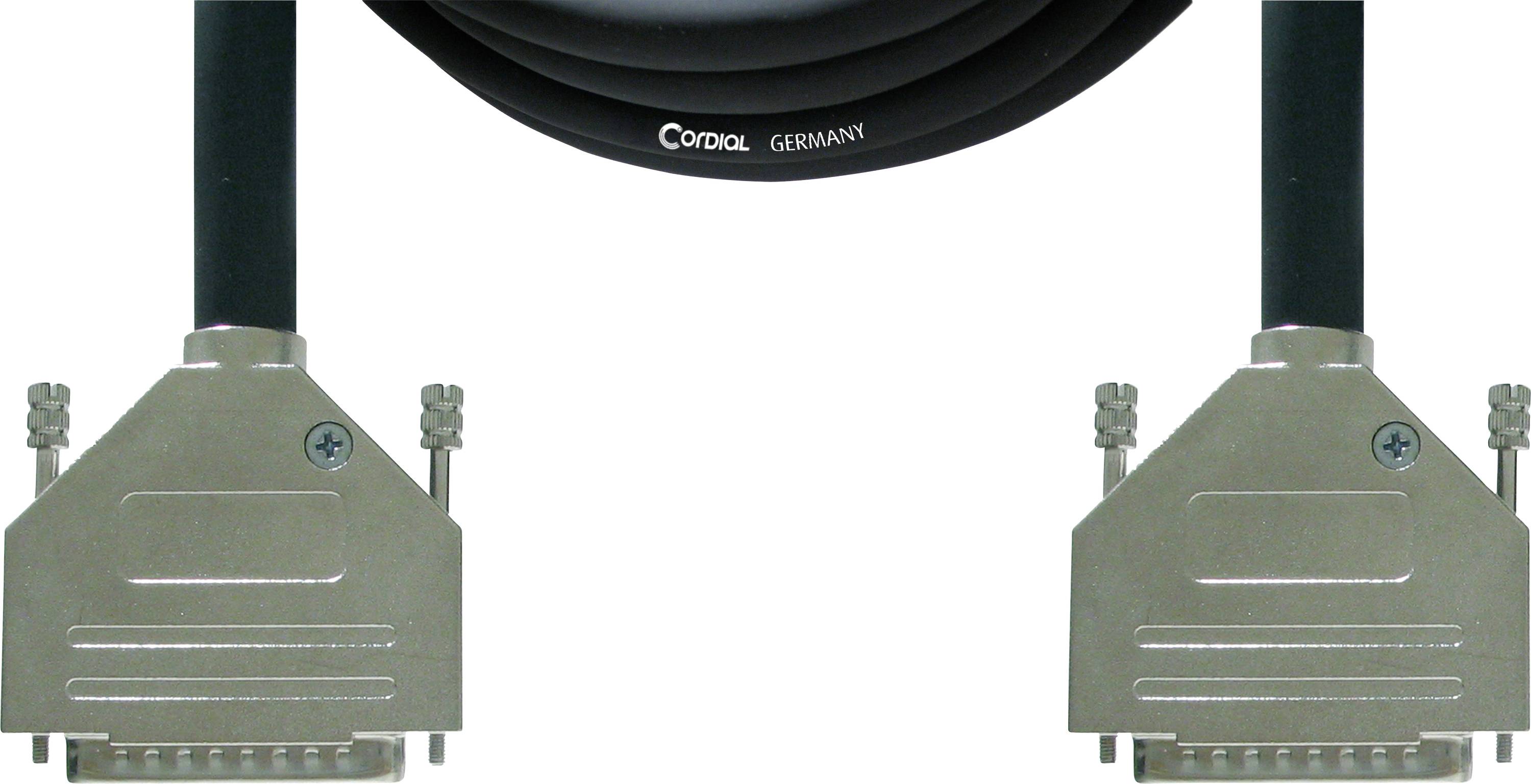 A black cable with two silver, rectangular metal plugs. The inscription 'Cordal Germany' is visible on the cable.