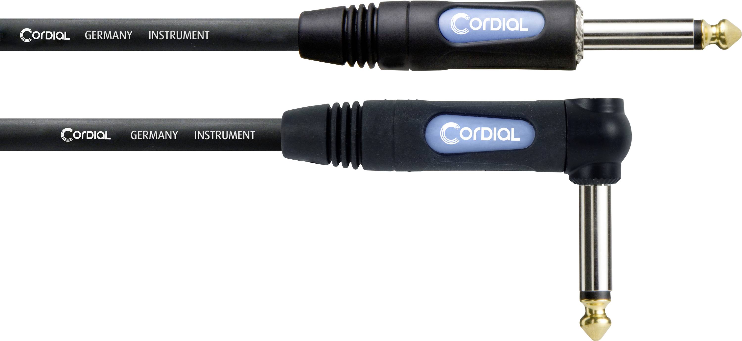 'Two black audio cables. Straight jack plug at the top, angled jack plug at the bottom. Labelled with 