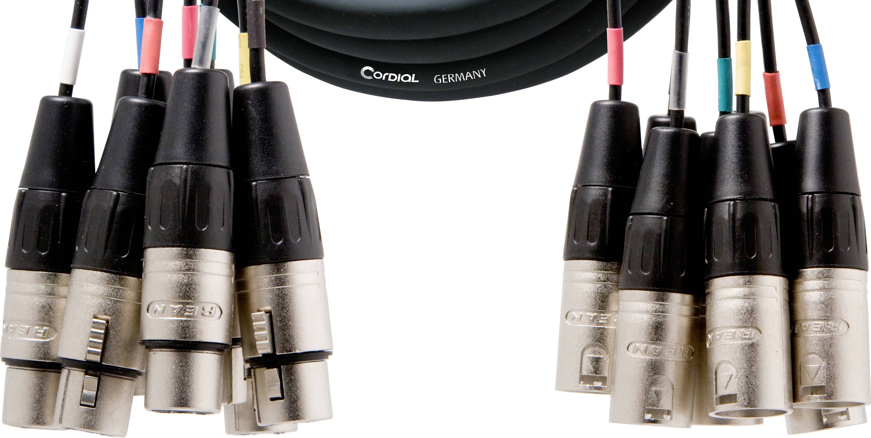 Audio cables with multiple XLR connectors; markers in different colours for differentiation; cable is from the brand Cordial.
