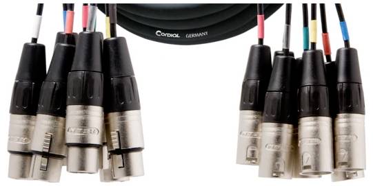 Several XLR audio cables with coloured markings, connected for sound recordings or studio use.