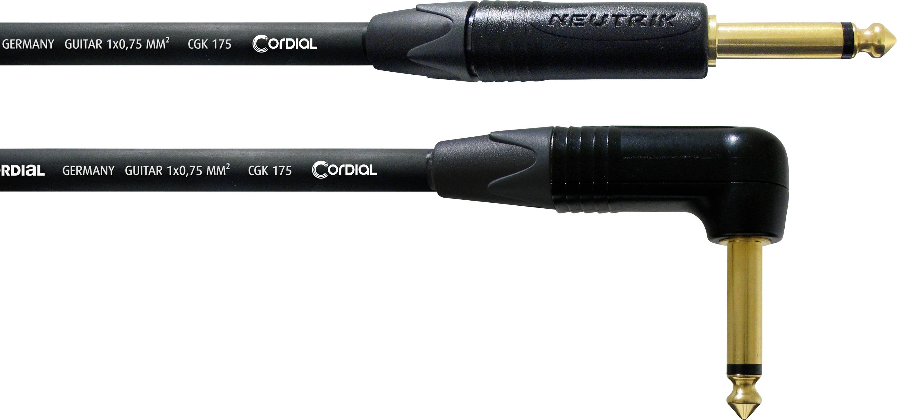 Two guitar cables with black plugs, one straight and one at a right angle. Printed text: Cordial, Neutrik, CGK 175.