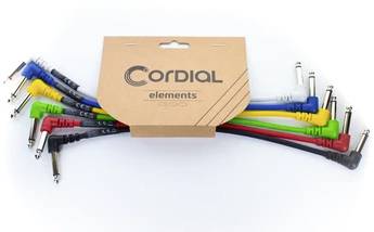A set of colourful audio cables with 6.3 mm jack plugs, packaged in a cardboard sleeve with the inscription 'Cordial elements'.
