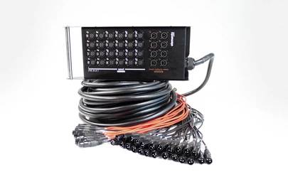 Multi-core audio cable with connection panel, multiple channels, cable bundle with connectors, black switchboard.
