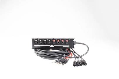 A black audio interface with multiple cables and connections on a white background.