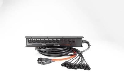 A wiring loom with multiple connectors, including audio and power plugs, designed for use in professional audio systems.