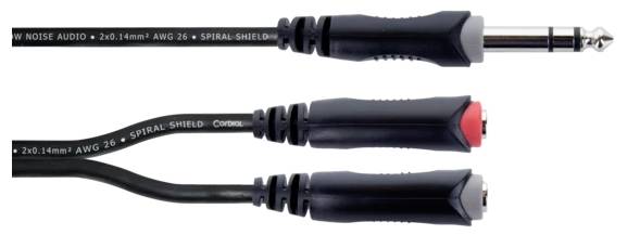 Cordial 14890 Jack Audio/phono Y adapter [1x Jack plug 6.3 mm (stereo) - 2x Jack socket 6.3 mm (mono)] 0.30 m Black PVC coating