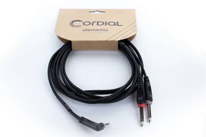 A black audio cable with two large jack plugs and a small angled jack plug, packaged with 'Cordial elements'.