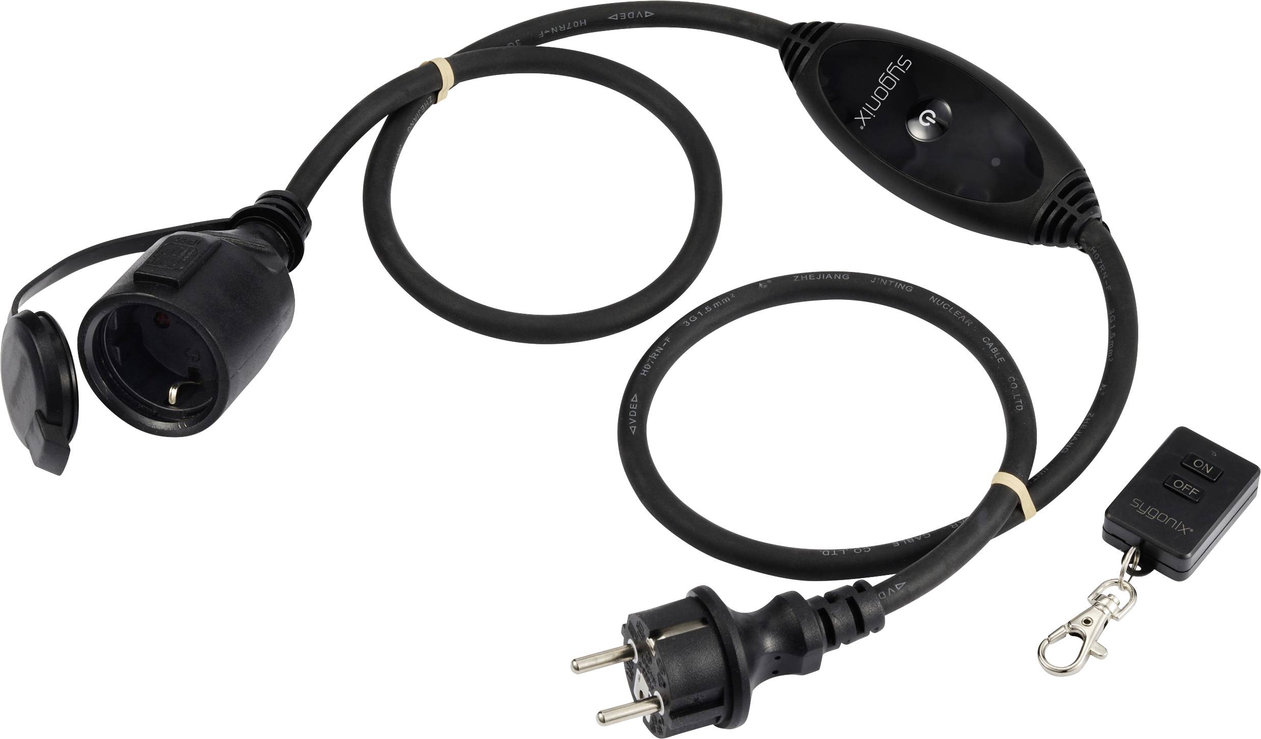Black cable with plug and socket, including remote control and circuit breaker. Suitable for connecting electrical devices.