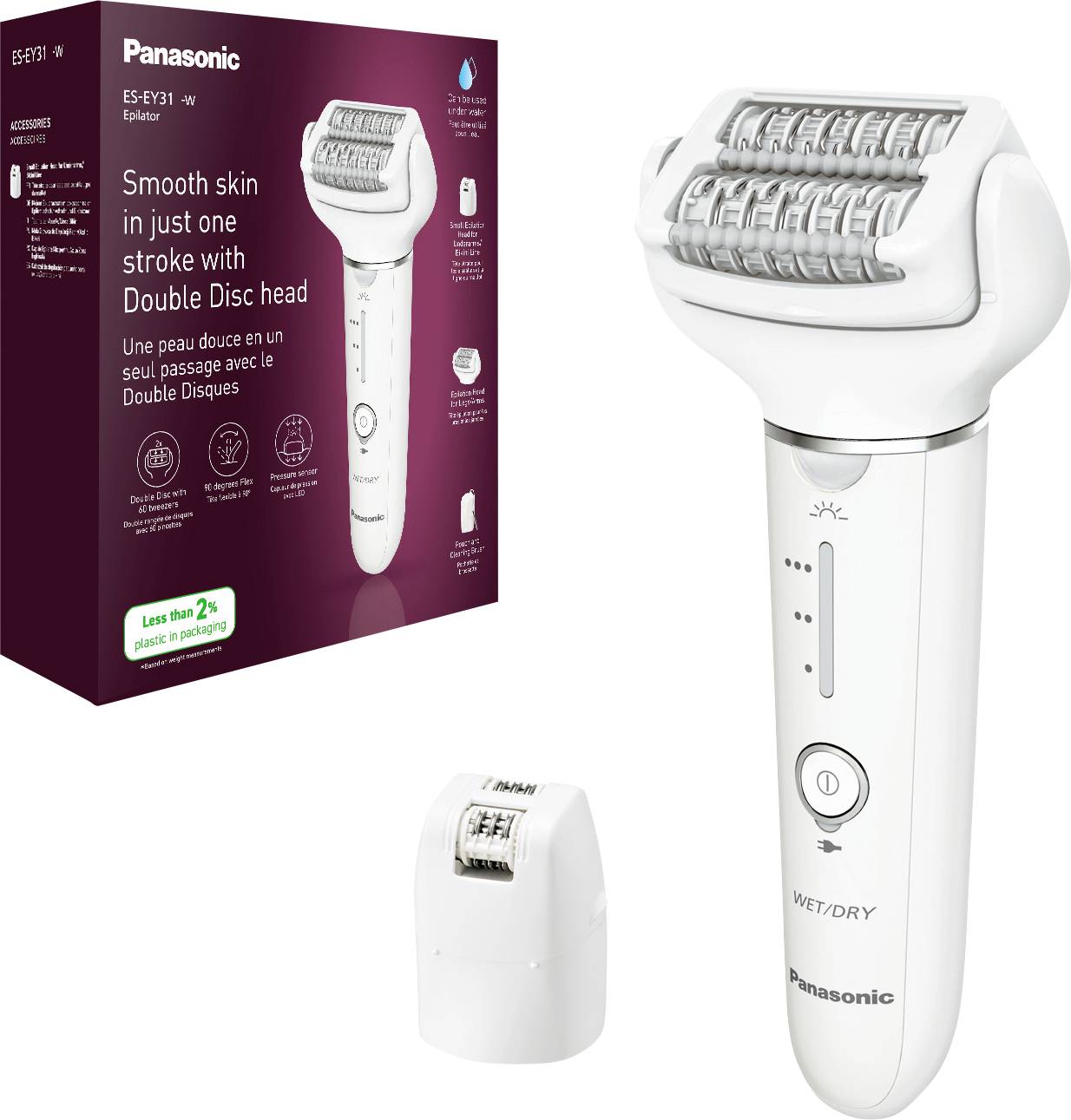 A Panasonic electric epilator with a removable head and packaging in the background. Text on the packaging describes features.