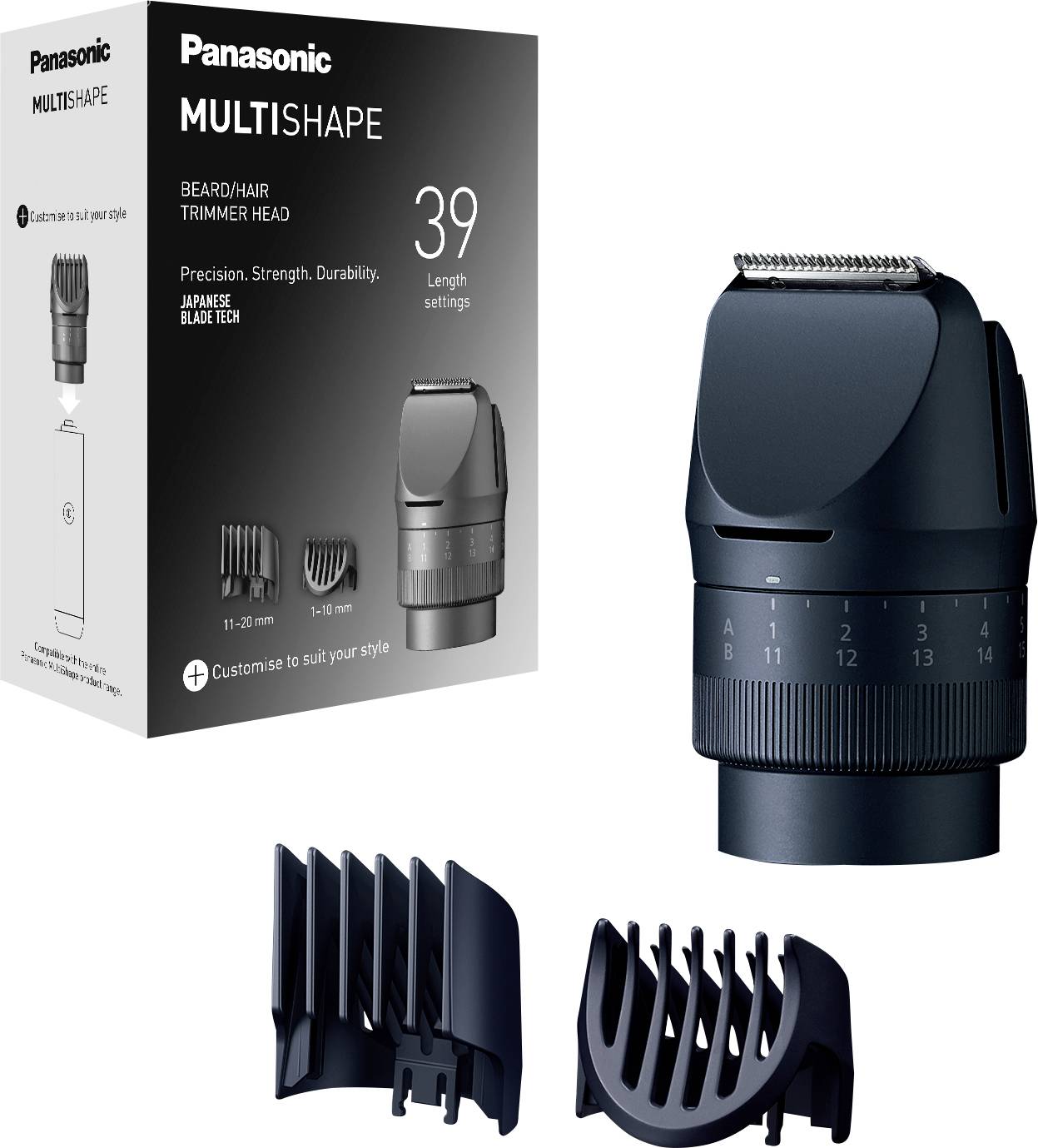 'Panasonic MULTISHAPE' beard/hair trimmer head with 39 length settings. Precision and strength, illustrated with two comb attachments.