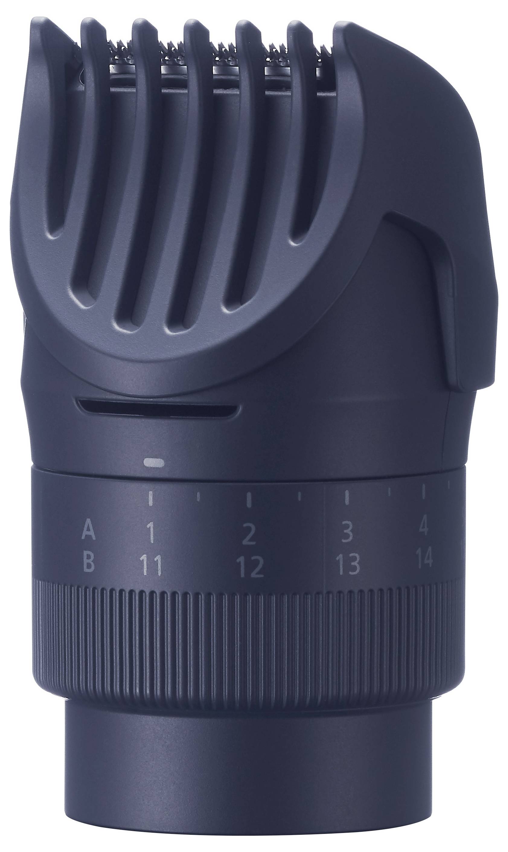 A black, rotary attachment, likely an accessory for an electric razor or trimmer, with a scale from 1 to 14.