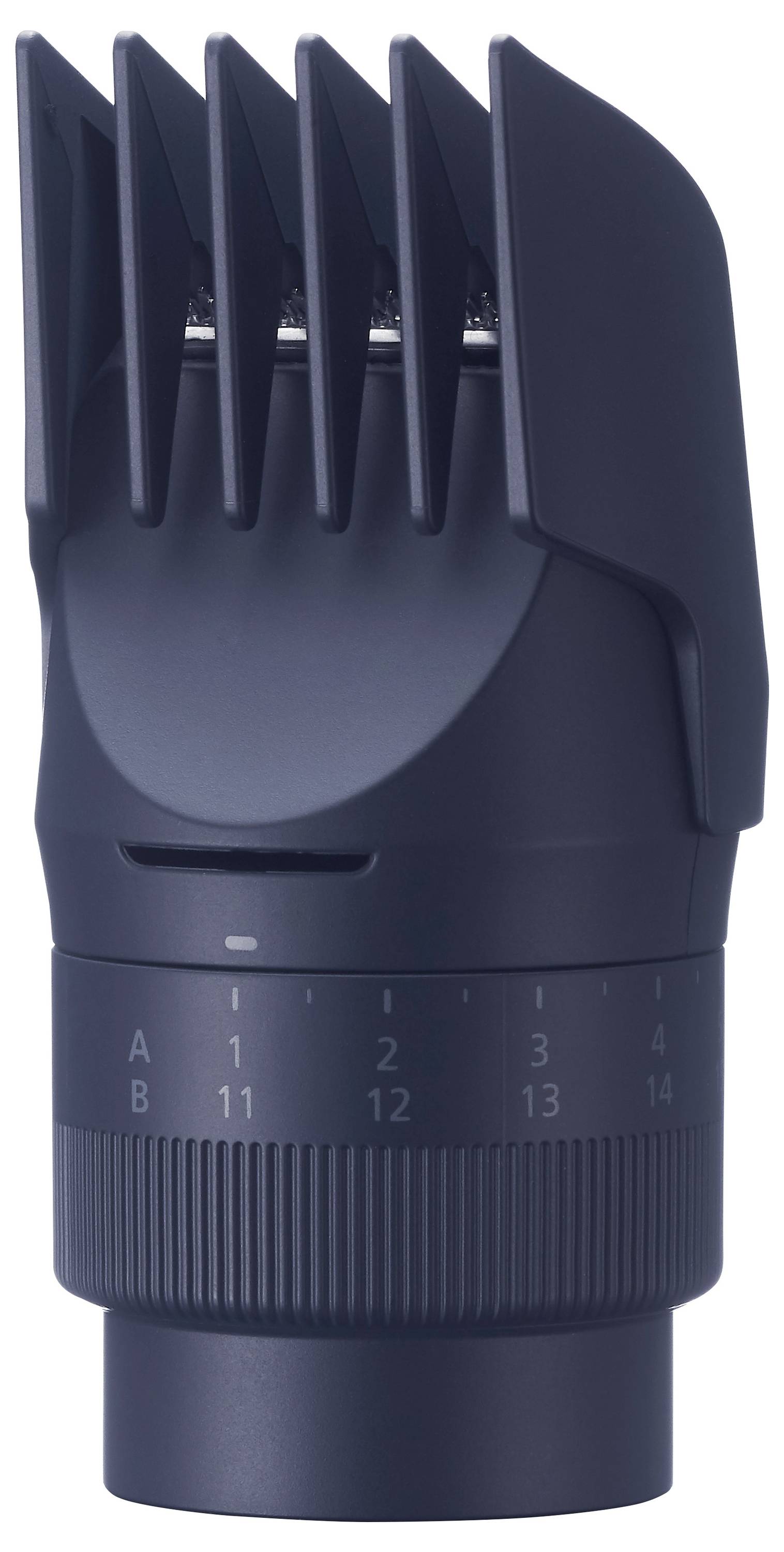 Dark hair trimmer attachment with adjustable lengths from 1 to 14 millimetres, detailed with length scale and comb teeth.
