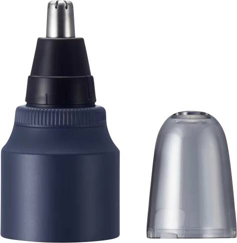 A black and silver nose hair trimmer with a removable transparent protective cap.