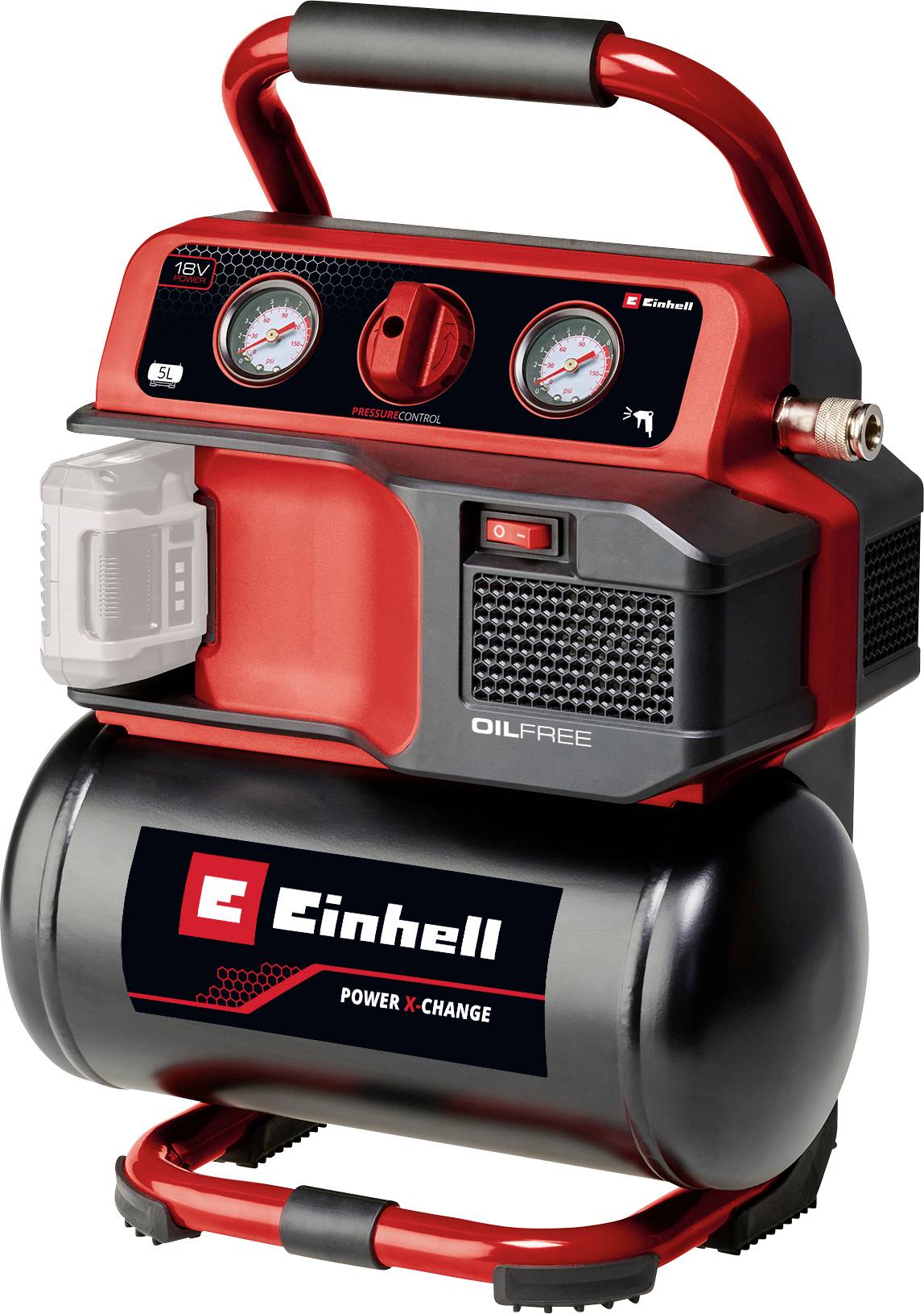 A red and black portable compressor with pressure gauge displays and handle, manufactured by Einhell, model 'Power X-Change'.