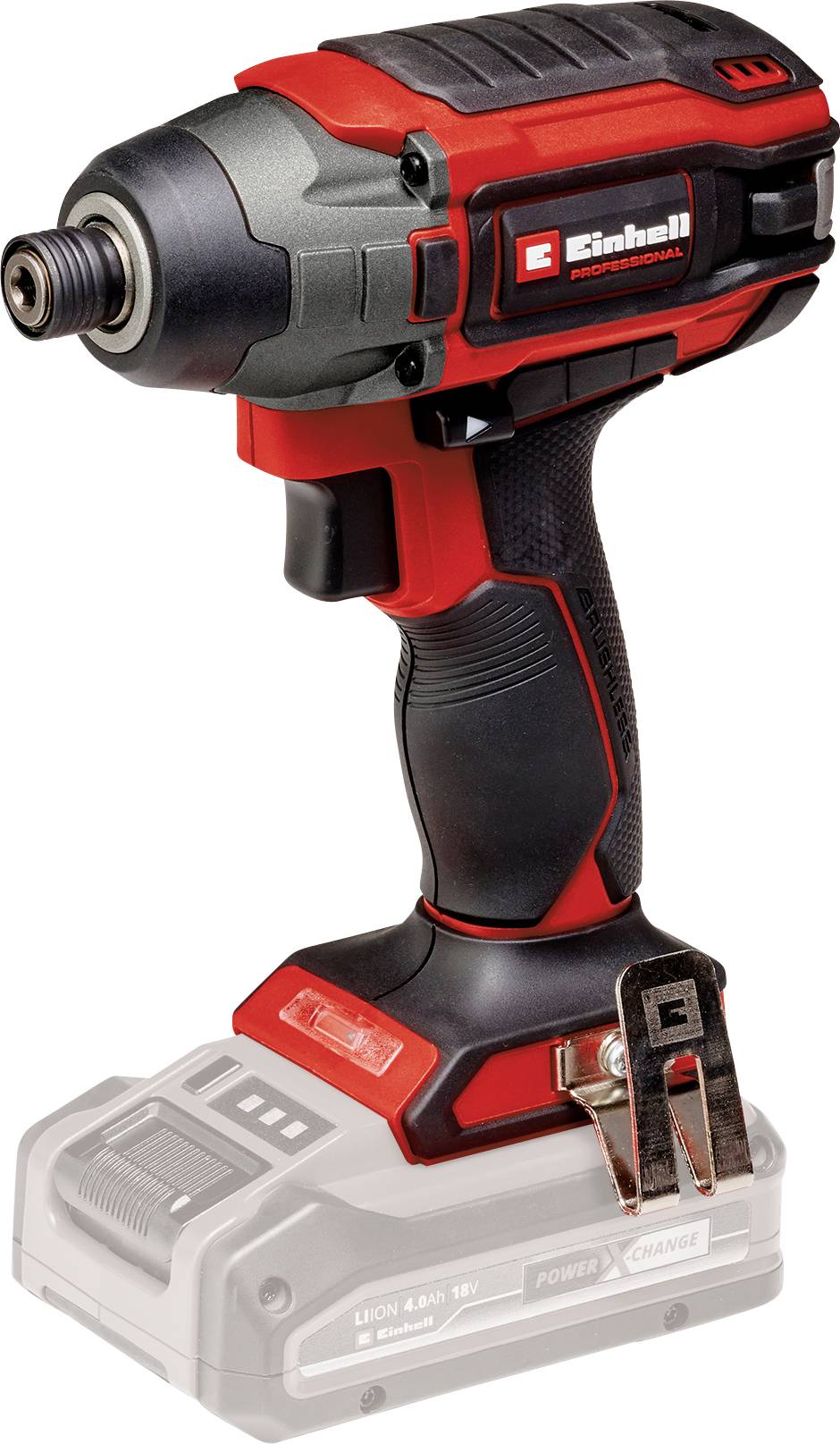 Cordless drill, Einhell logo. Red and black handle, removable battery. Tool for screwing and drilling work.