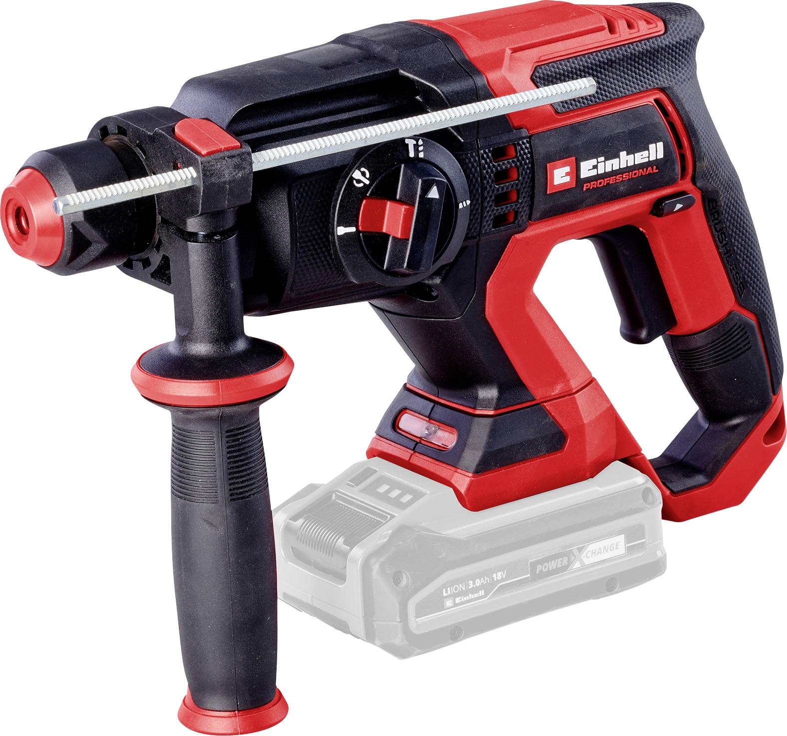 Drill with red and black housing, side handle, and battery-powered design.