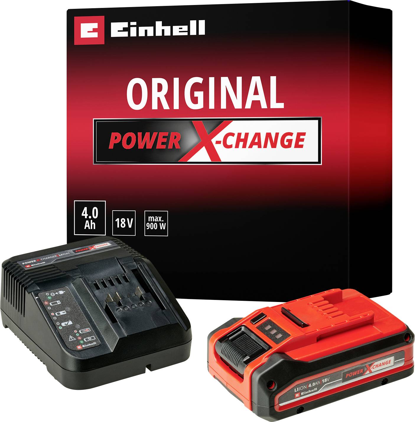 'Einhell Power X-Change' batteries and chargers. Two red and one black individual device are shown.
