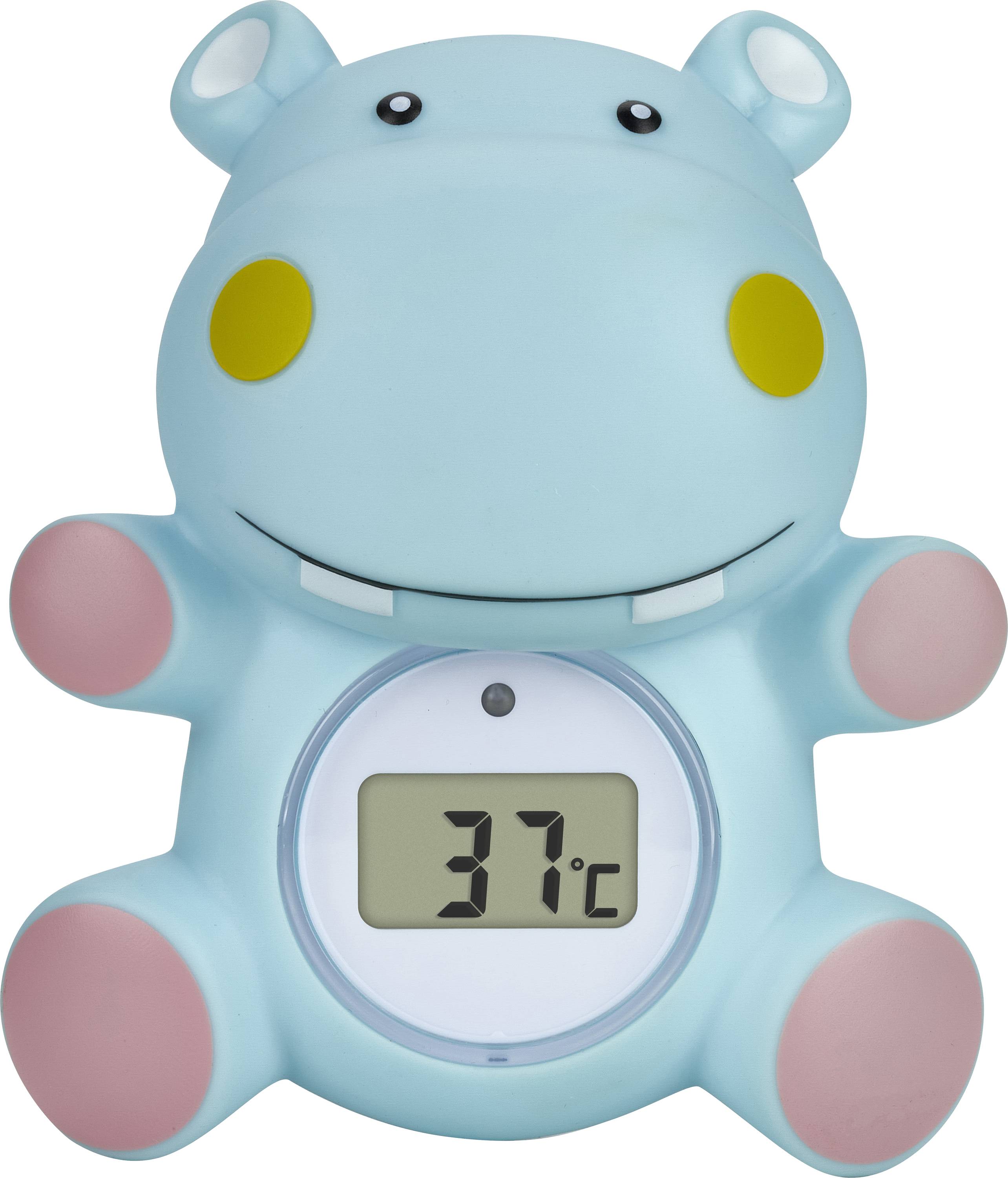 A blue, hippopotamus-like thermometer with a digital display, showing a temperature of 37 degrees Celsius.