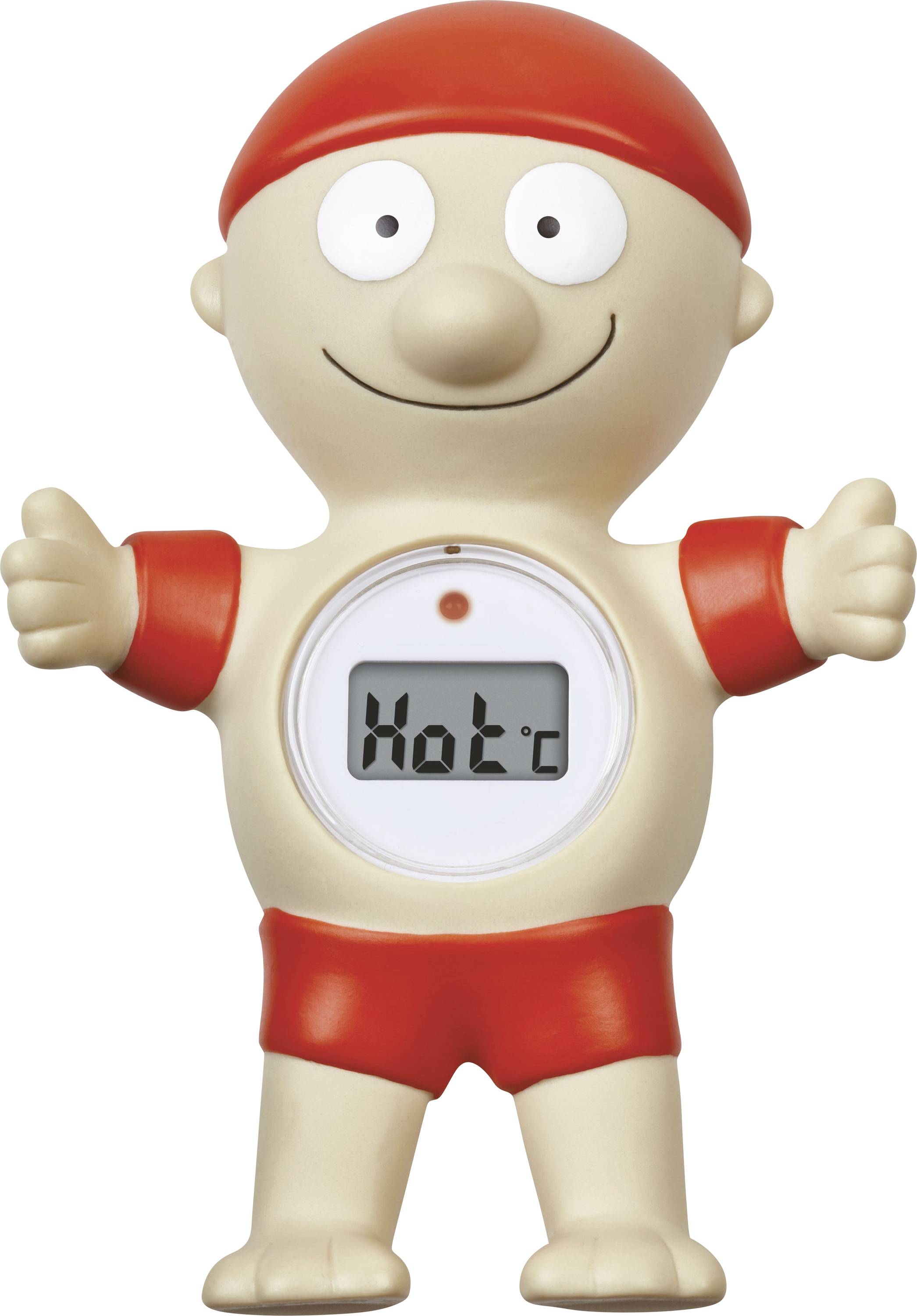 Toy figure in swimwear with a built-in thermometer on the chest. Display shows 'Hot'.