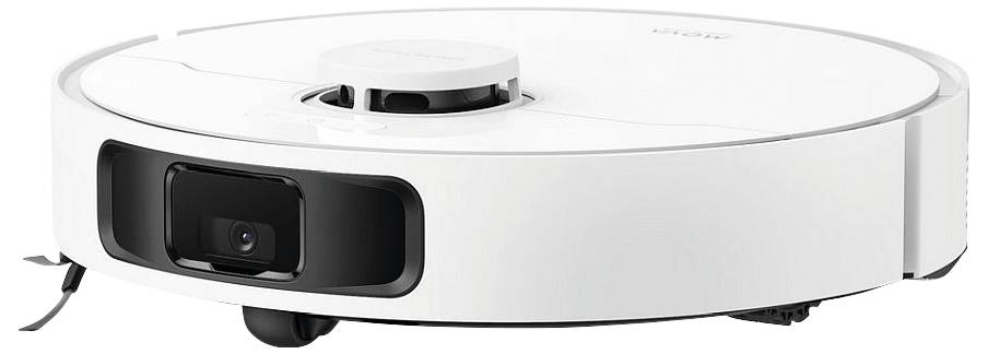 A white, round robotic vacuum cleaner on wheels, designed for automatic floor cleaning.