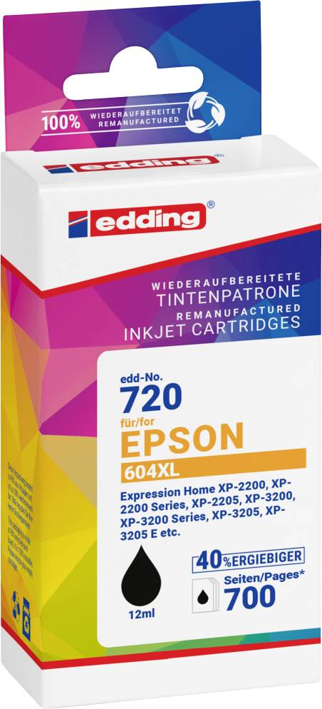 Packaging for an edding 720 ink cartridge, compatible with Epson printers, displays 12ml content and indicates 40% higher yield.