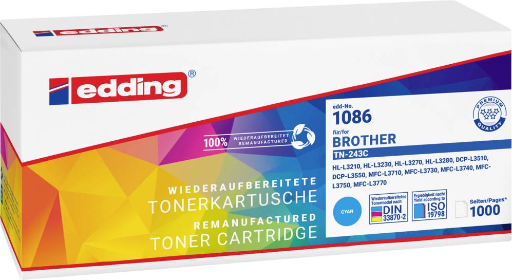 Toner cartridge by edding, remanufactured for Brother printers. Model TN-243C, cyan, approx. 1000 pages. Certified to DIN standards.