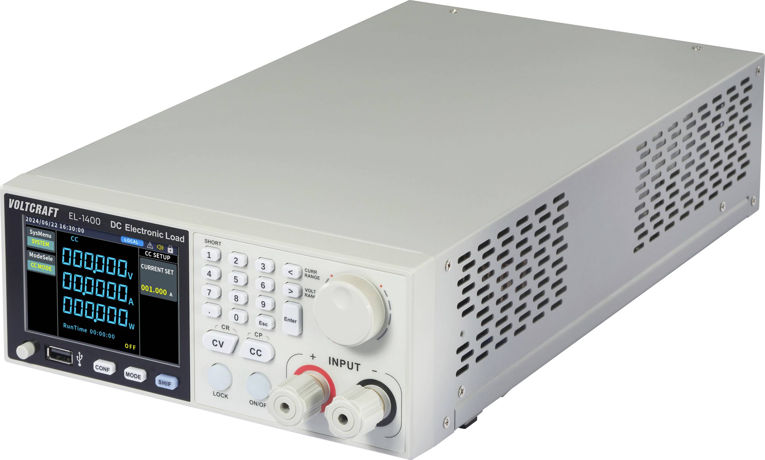 A silver electric measuring device with a digital display shows measurement values and control elements. The front panel has connectors and buttons.