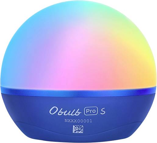 A colourful, brightly glowing spherical lamp with the inscription 'Obulb Pro S', model number NX000001, on a blue base.