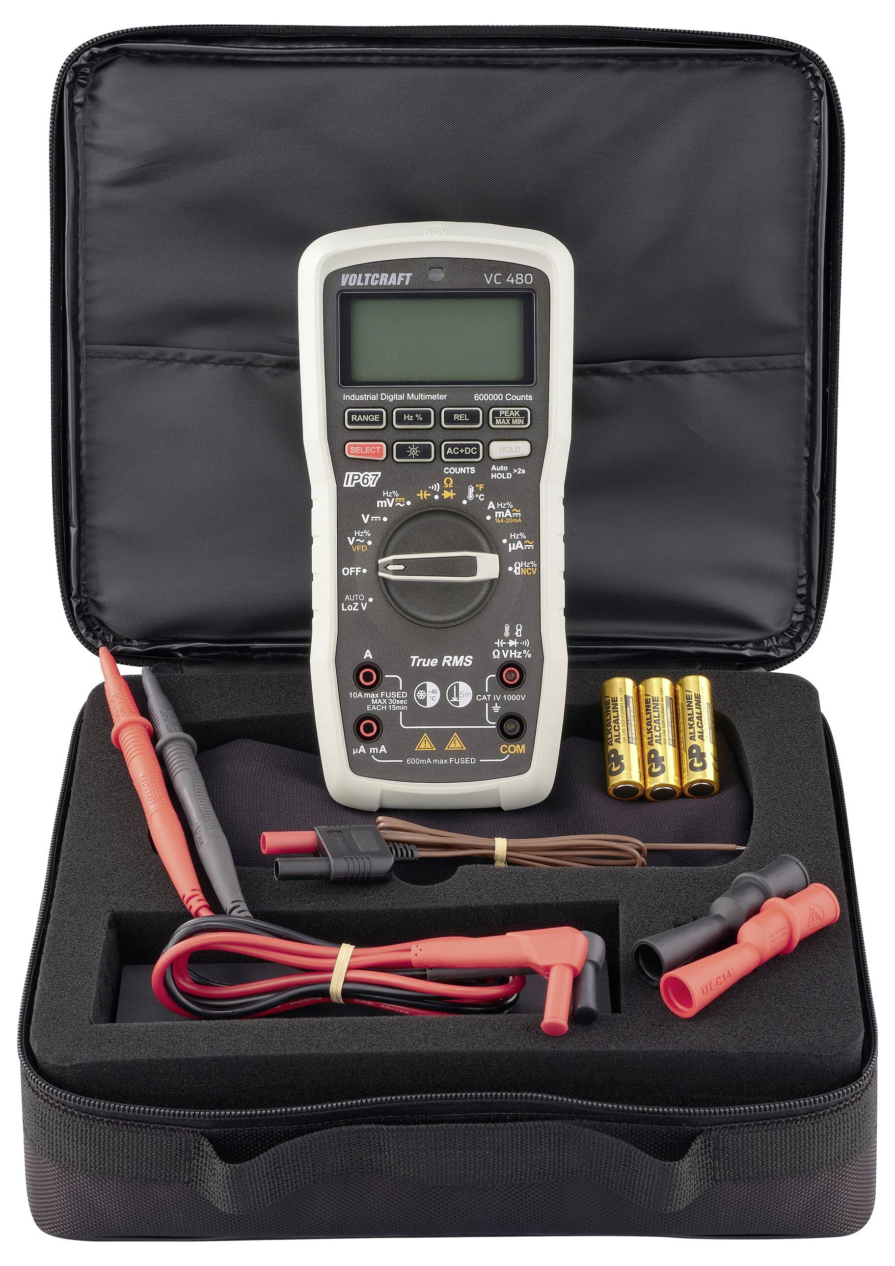 Digital multimeter with cables, batteries, and storage case, suitable for measurements in electronics and electrical engineering.