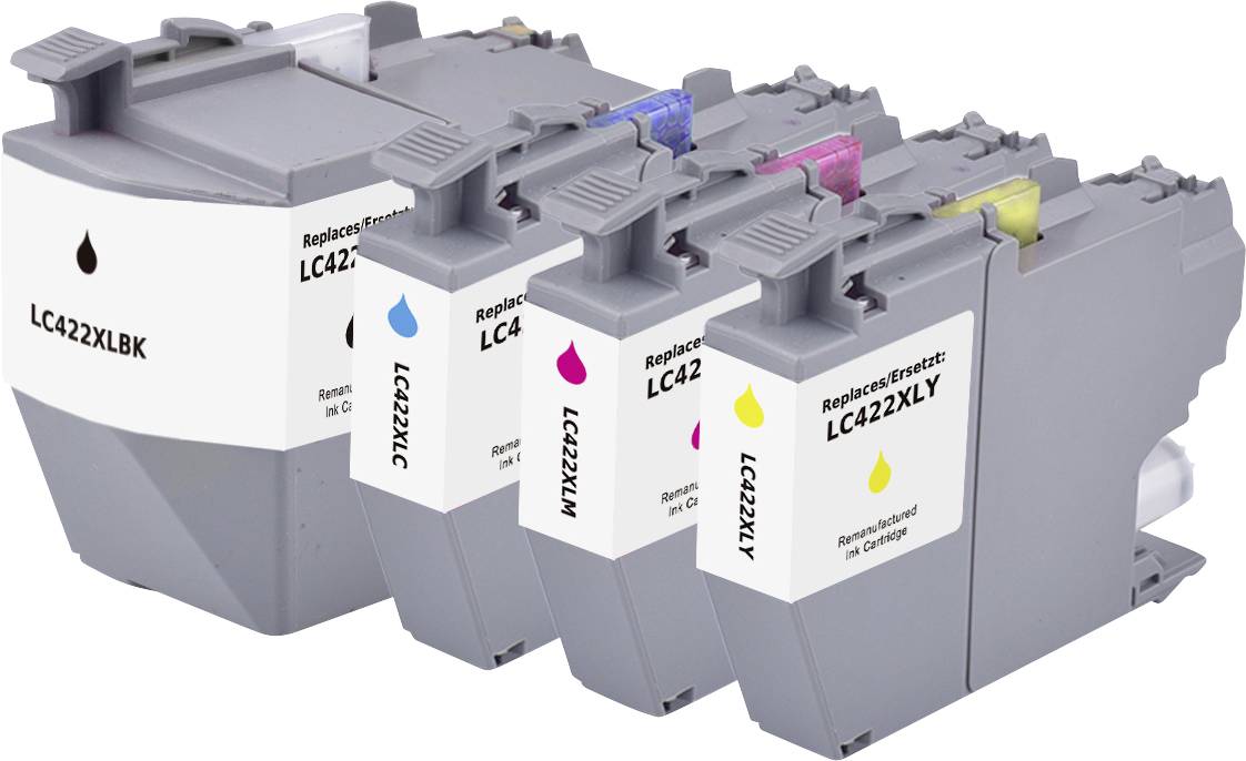 Four ink cartridges for a printer, colored black, cyan, magenta, and yellow, each labeled LC422XL
