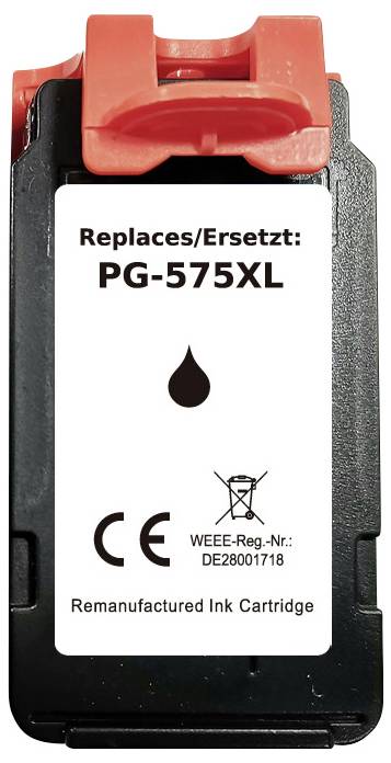 'Remanufactured Ink Cartridge, Replaces/Ersetzt: PG-575XL, CE marked, WEEE-Reg.-Nr.: DE28001718' with a droplet icon.