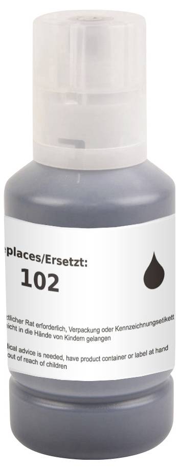 Bottle with dark liquid and label showing drop icon and number 102. Advises keeping away from children and seeking medical advice if needed.