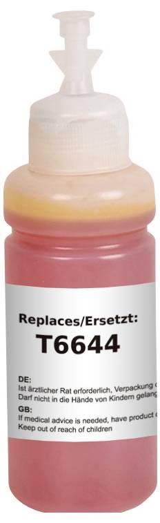 A plastic bottle with a pump, containing a red liquid, labeled 'Replaces/Ersetzt: T6644'. Includes safety instructions in German and English.