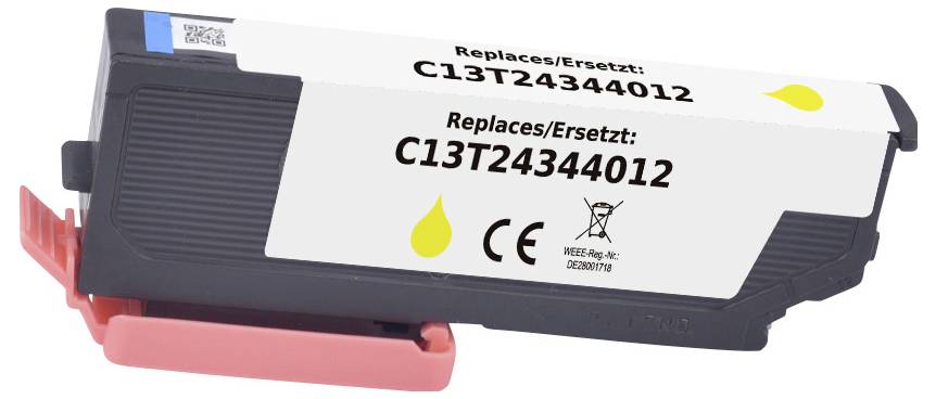 Yellow printer ink cartridge labeled 'Replaces: C13T24344012' with recycling symbol and caution icons.