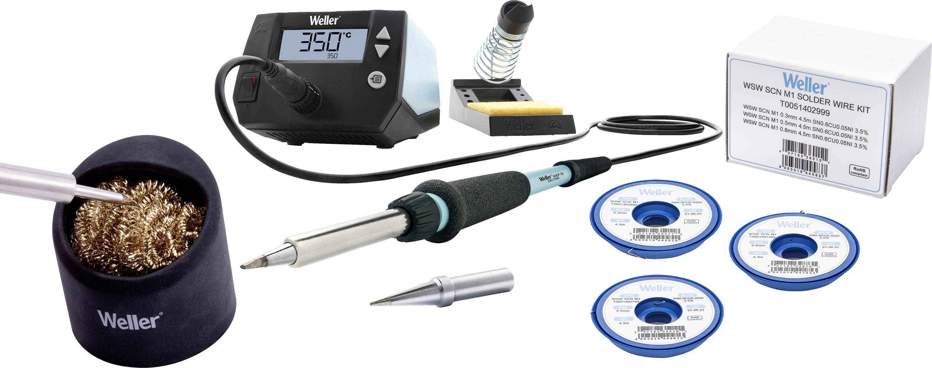 Soldering Station Set comprising soldering station, soldering iron, soldering tips, solder wire reels, and cleaning pot, suitable for electronic repairs.