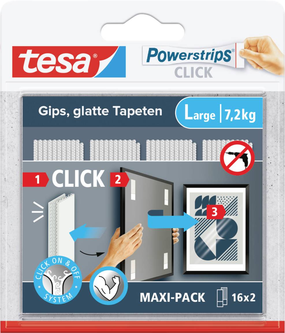The packaging shows 'tesa Powerstrips CLICK' hooks for smooth surfaces. Left: Mounting instructions in three steps. Capacity: 7.2 kg.