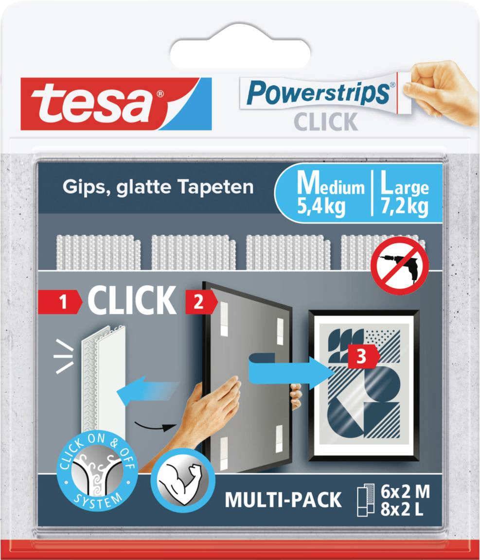 'Powerstrips Click' pack by Tesa, shows application steps for fixing. For smooth surfaces, medium load capacity 5.4 kg, large load capacity 7.2 kg.