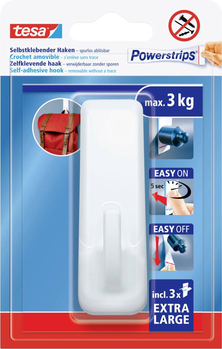 Self-adhesive hook, max. 3 kg load capacity, simple installation in 5 seconds, including 3 extra-strong adhesive strips.