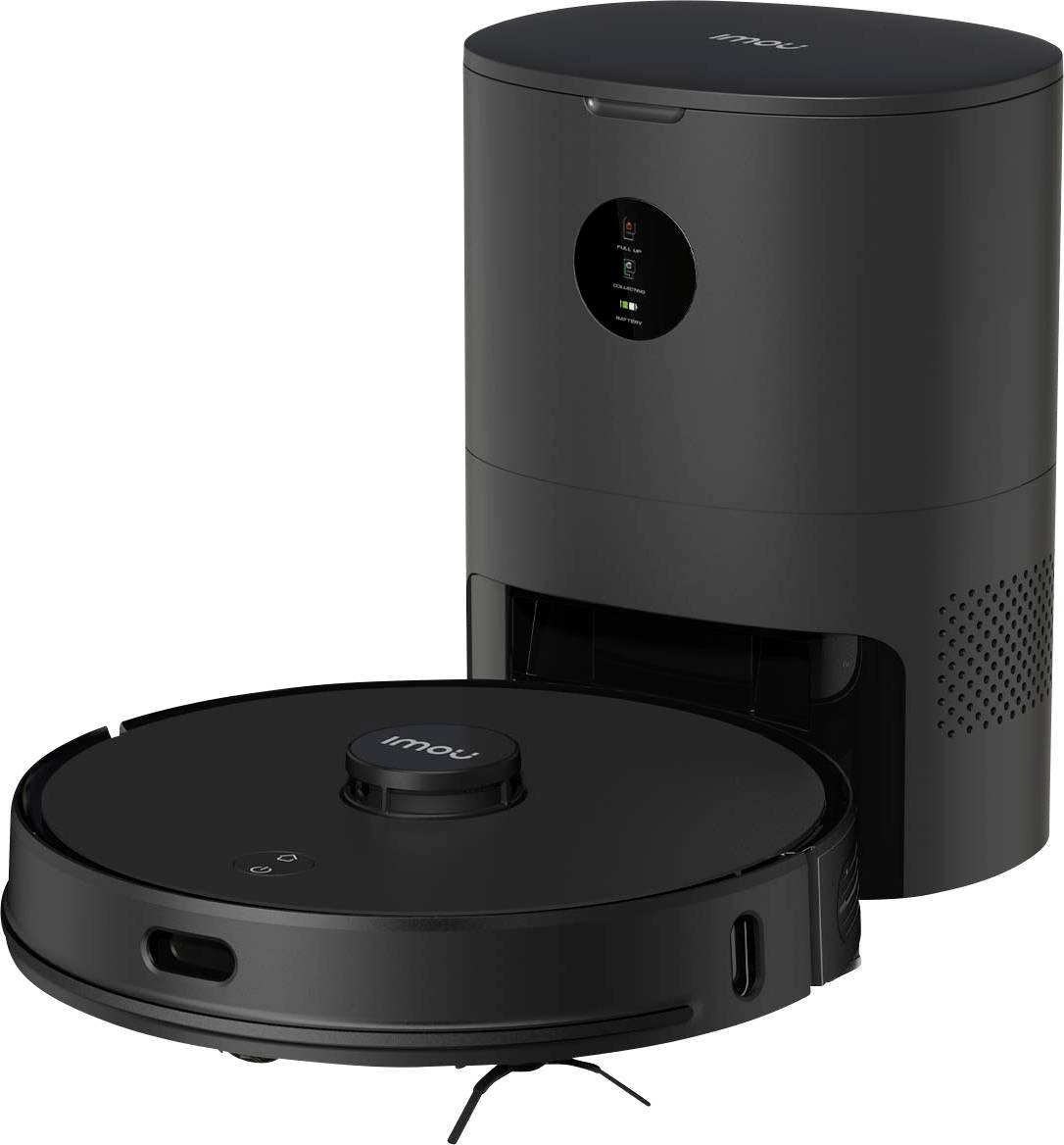 A round, black robot vacuum with a matching charging station. In the background, the station displays charging and operational status.