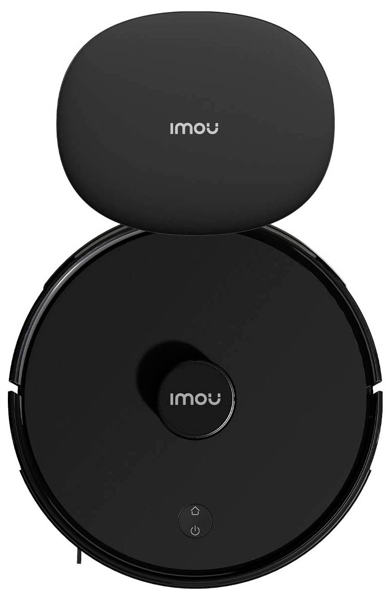 A black robotic vacuum from Imou with a round design and centrally placed logo. The charging station is positioned at the top of the image.