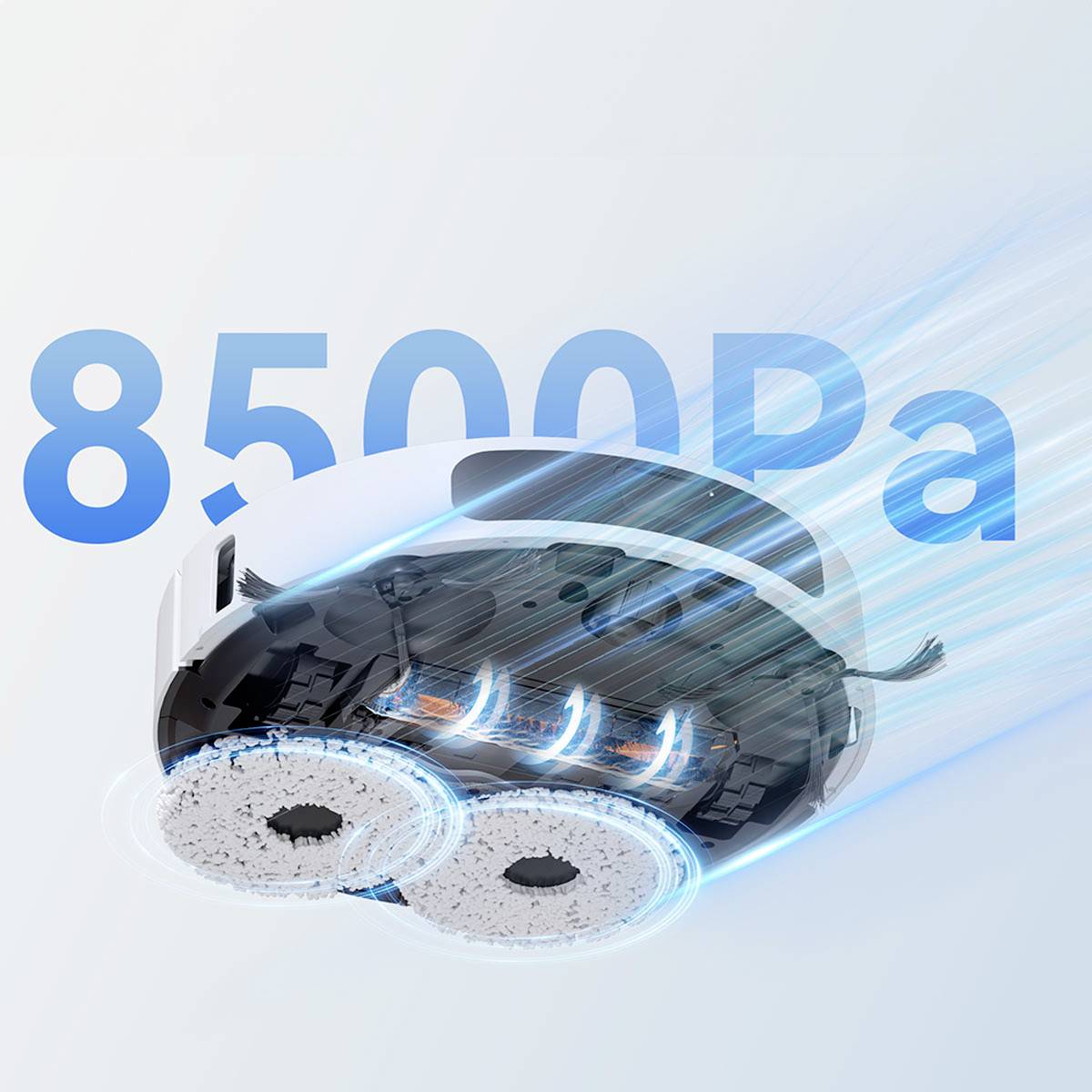 A robot vacuum cleaner with an open casing reveals its internal structure. Beside it, large text reads '8500Pa', indicating its suction power.