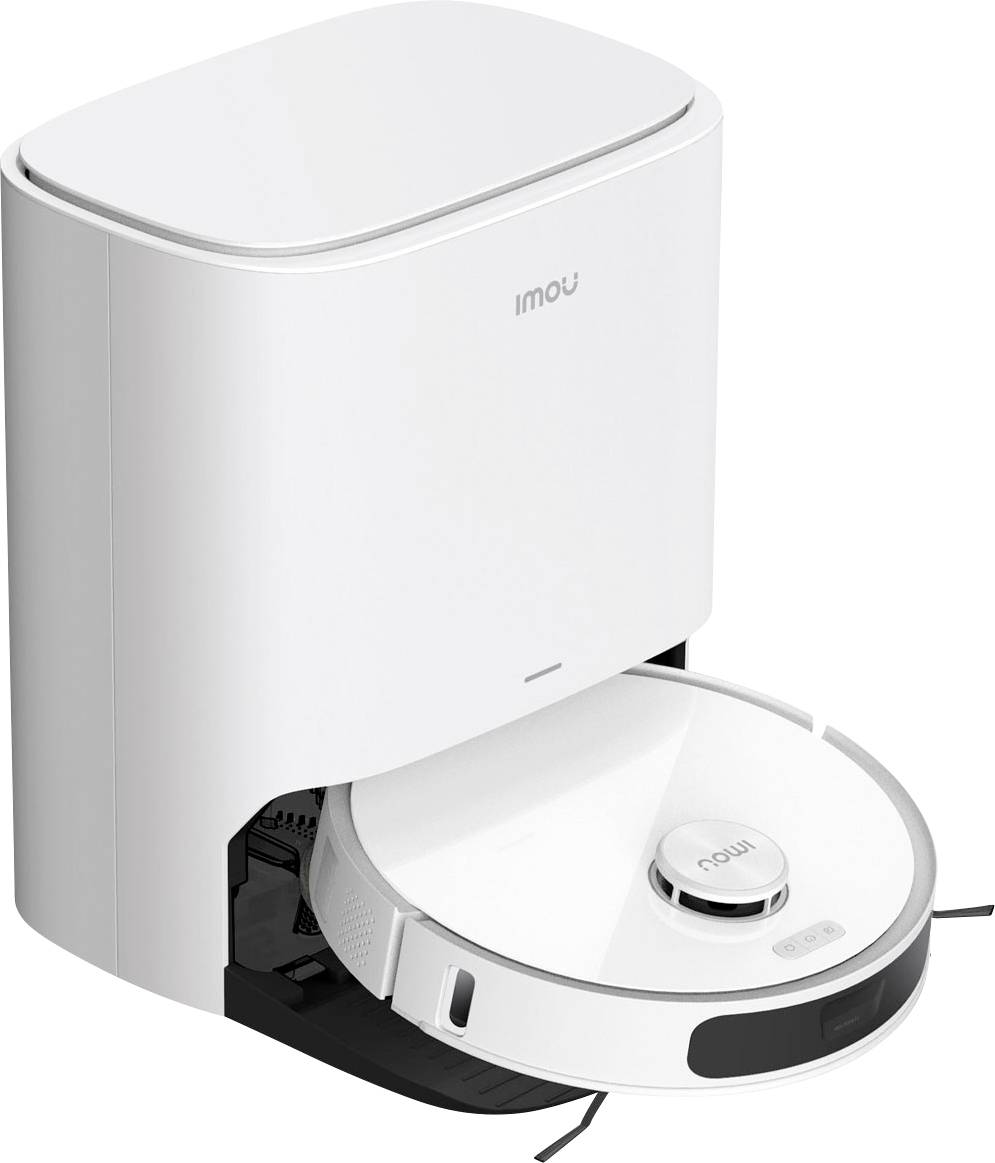 A white, round robotic vacuum cleaner returns to its charging station. The 'imou' branding is visible on both the device and the charging station.